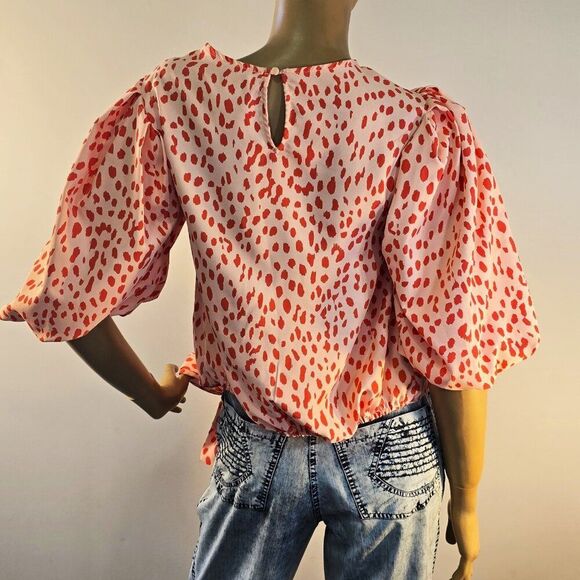 VINCE CAMUTO Animal Print Puff Sleeve Tangerine Blouse Sash Tie Womens Sz XS - Picture 7 of 11